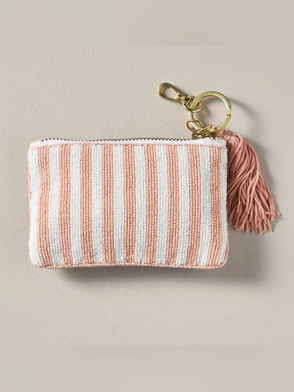 🐚✨ NWT Anthropologie Fiona Beaded Coin Purse Pink Shell Keychain Tassel 🎀